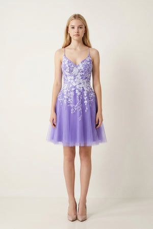 Lilac Aline Short Glitter Tulle Homecoming Dress with Appliques - KISSPROM
