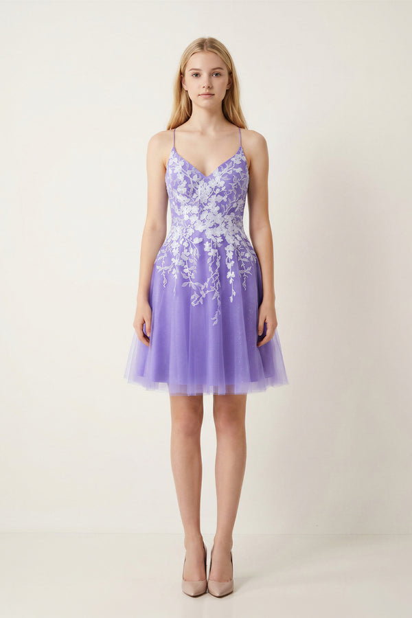 Lilac Aline Short Glitter Tulle Homecoming Dress with Appliques - KISSPROM