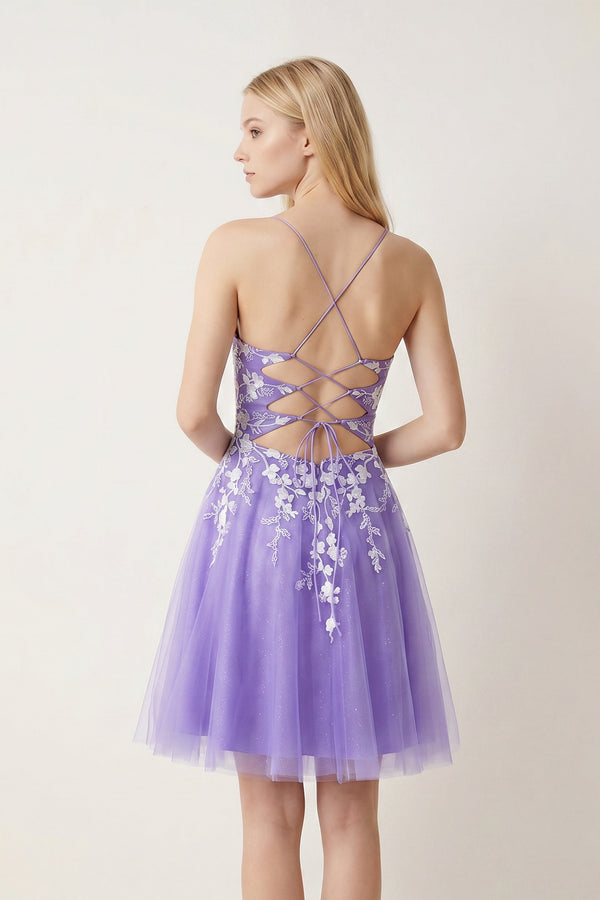 Lilac Aline Short Glitter Tulle Homecoming Dress with Appliques - KISSPROM