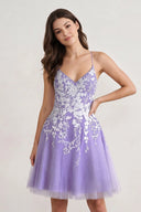 Aline Short Glitter Tulle Homecoming Dress with Appliques - KissProm