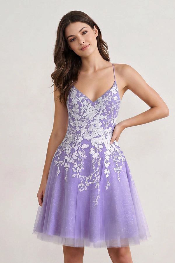 Aline Short Glitter Tulle Homecoming Dress with Appliques - KissProm