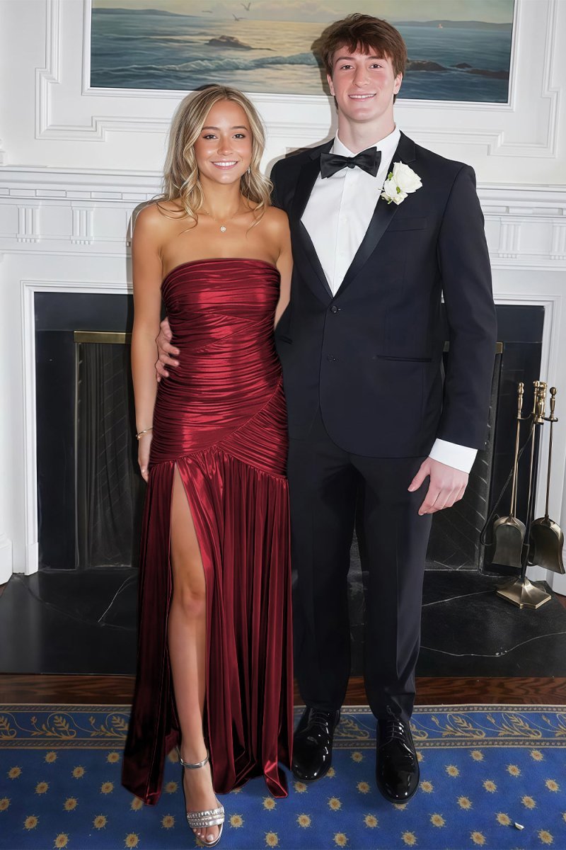 Champagne Mermaid Strapless Metallic Long Prom Dresses with Pleats