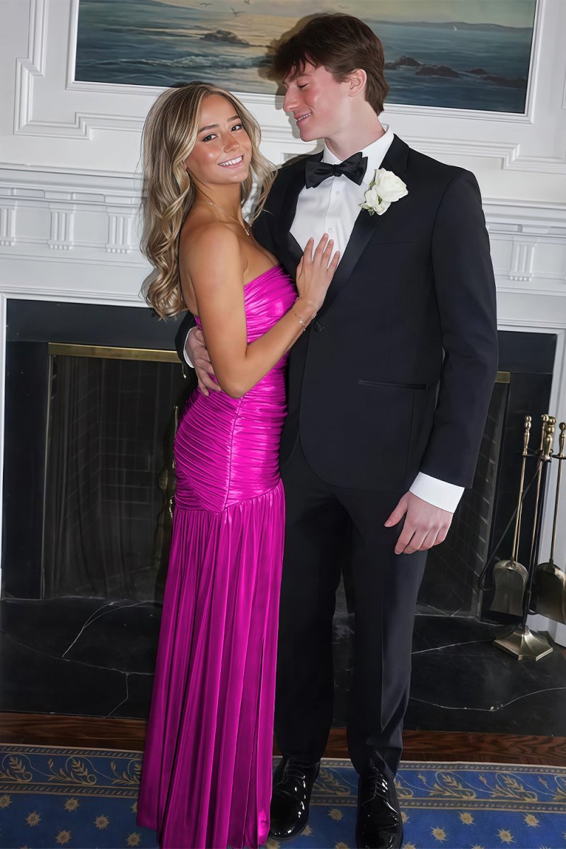 KissProm Champagne Mermaid Strapless Metallic Long Prom Dresses with Pleats, Fuchsia / 8