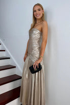 KissProm-Bellisa Champagne Mermaid Strapless Metallic Long Prom Dresses with Pleats