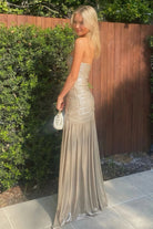 KissProm-Bellisa Champagne Mermaid Strapless Metallic Long Prom Dresses with Pleats