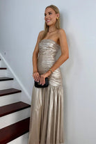 KissProm-Bellisa Champagne Mermaid Strapless Metallic Long Prom Dresses with Pleats