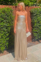 KissProm-Bellisa Champagne Mermaid Strapless Metallic Long Prom Dresses with Pleats