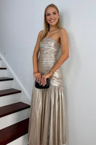 KissProm-Bellisa Champagne Mermaid Strapless Metallic Long Prom Dresses with Pleats