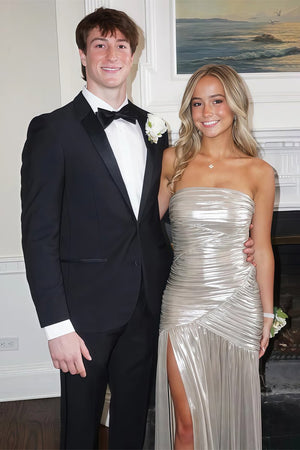 KissProm-Bellisa Silver Mermaid Strapless Metallic Long Prom Dresses with Pleats