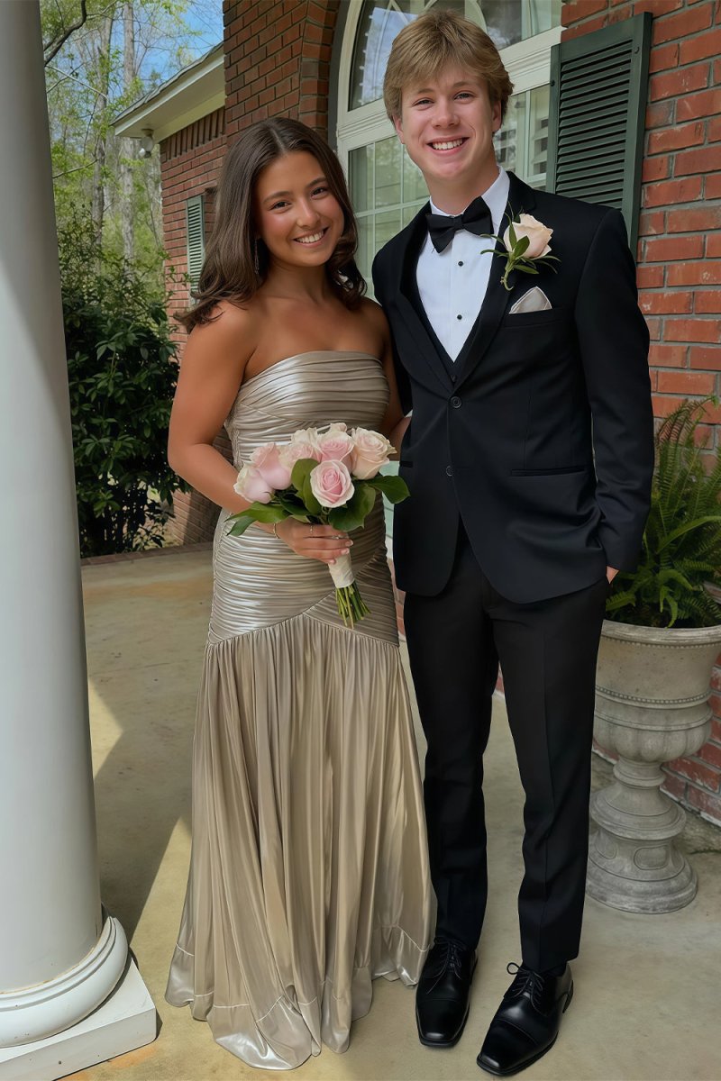 KissProm-Bellisa Silver Mermaid Strapless Metallic Long Prom Dresses with Pleats