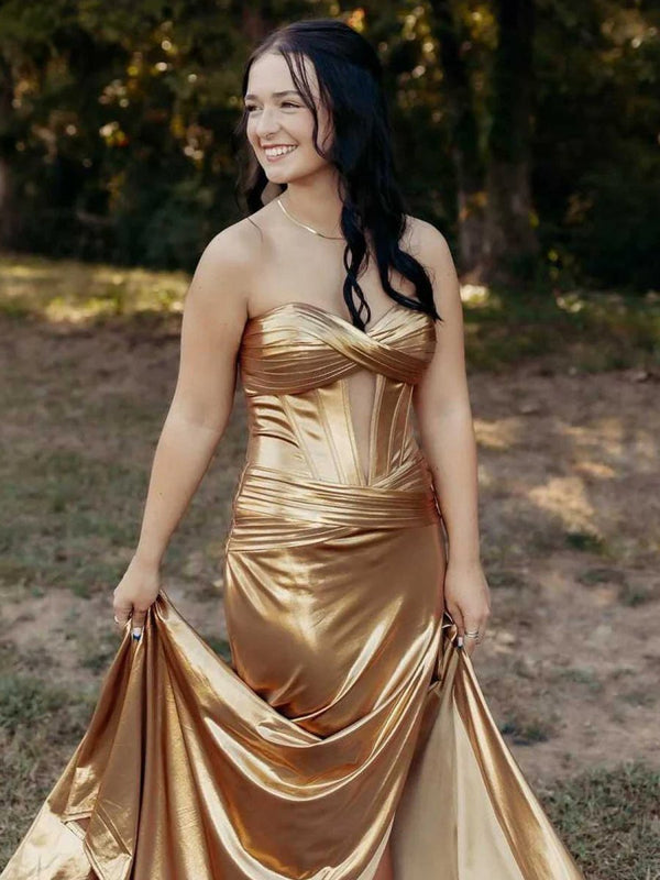 Bencelina | Mermaid Sweetheart Green Metallic Long Prom Dress with Slit