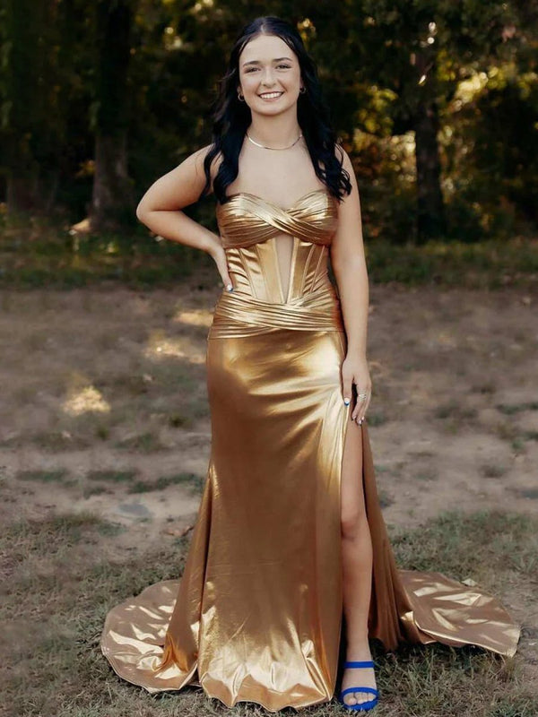 Bencelina | Mermaid Sweetheart Green Metallic Long Prom Dress with Slit