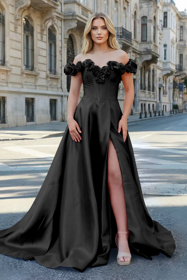 KissProm-Black Off the Shoulder Corset Bodice A-Line Prom Dress