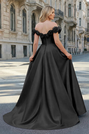 KissProm-Black Off the Shoulder Corset Bodice A-Line Prom Dress