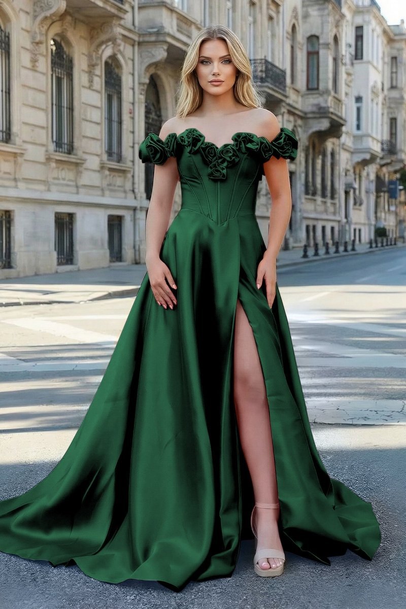 Dark Green Off the Shoulder Corset Bodice A - Line Prom Dress - KissProm