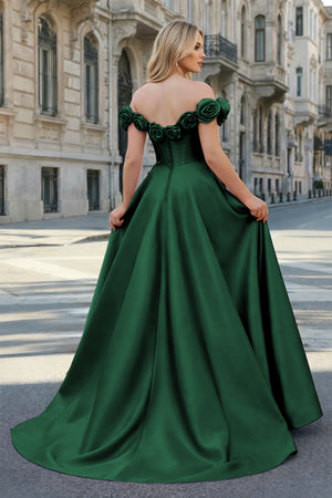 KissProm-Dark Green Off the Shoulder Corset Bodice A-Line Prom Dress