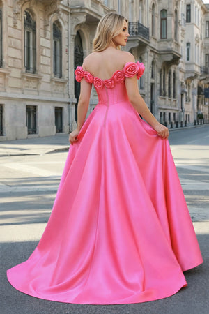 KissProm-Fuchsia Off the Shoulder Corset Bodice A-Line Prom Dress