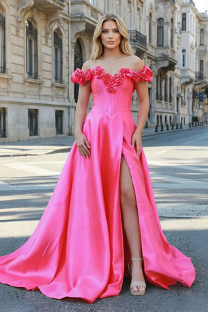 KissProm-Fuchsia Off the Shoulder Corset Bodice A-Line Prom Dress