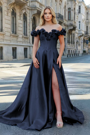 KissProm-Navy Blue Off the Shoulder Corset Bodice A-Line Prom Dress