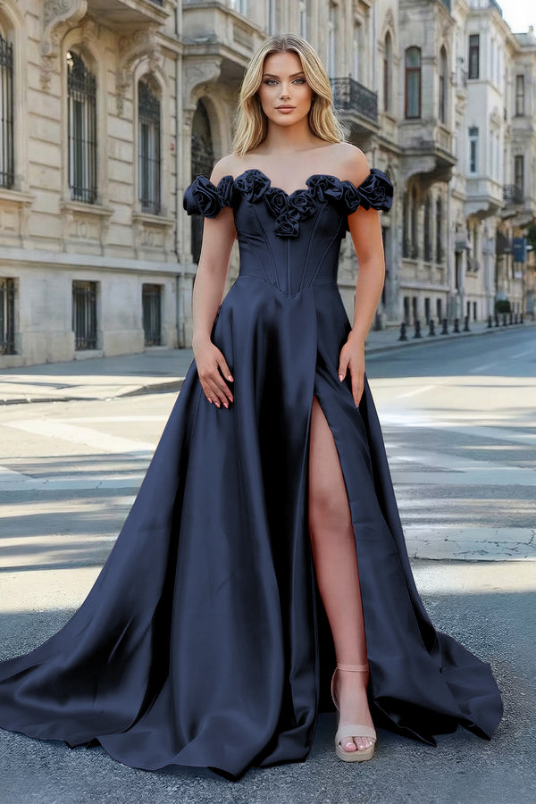 KissProm-Navy Blue Off the Shoulder Corset Bodice A-Line Prom Dress