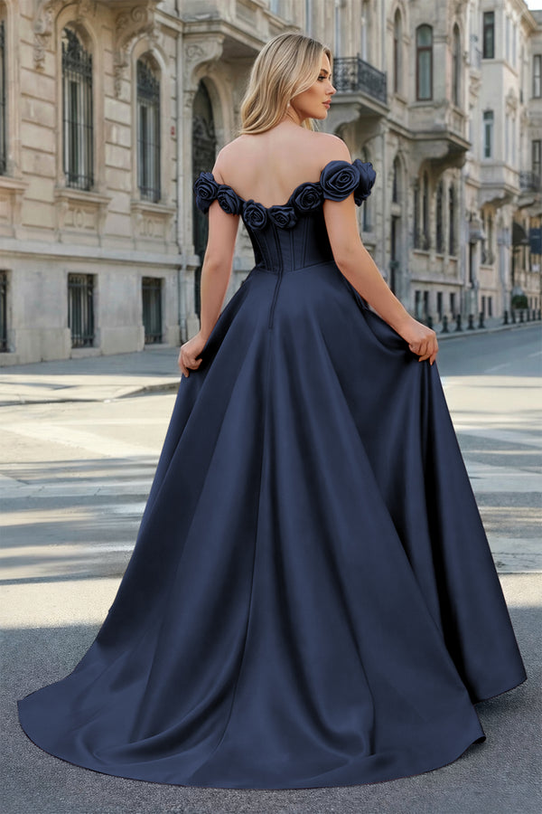 KissProm-Navy Blue Off the Shoulder Corset Bodice A-Line Prom Dress