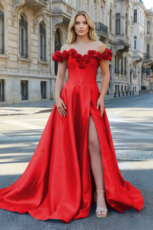 KissProm-Red Off the Shoulder Corset Bodice A-Line Prom Dress
