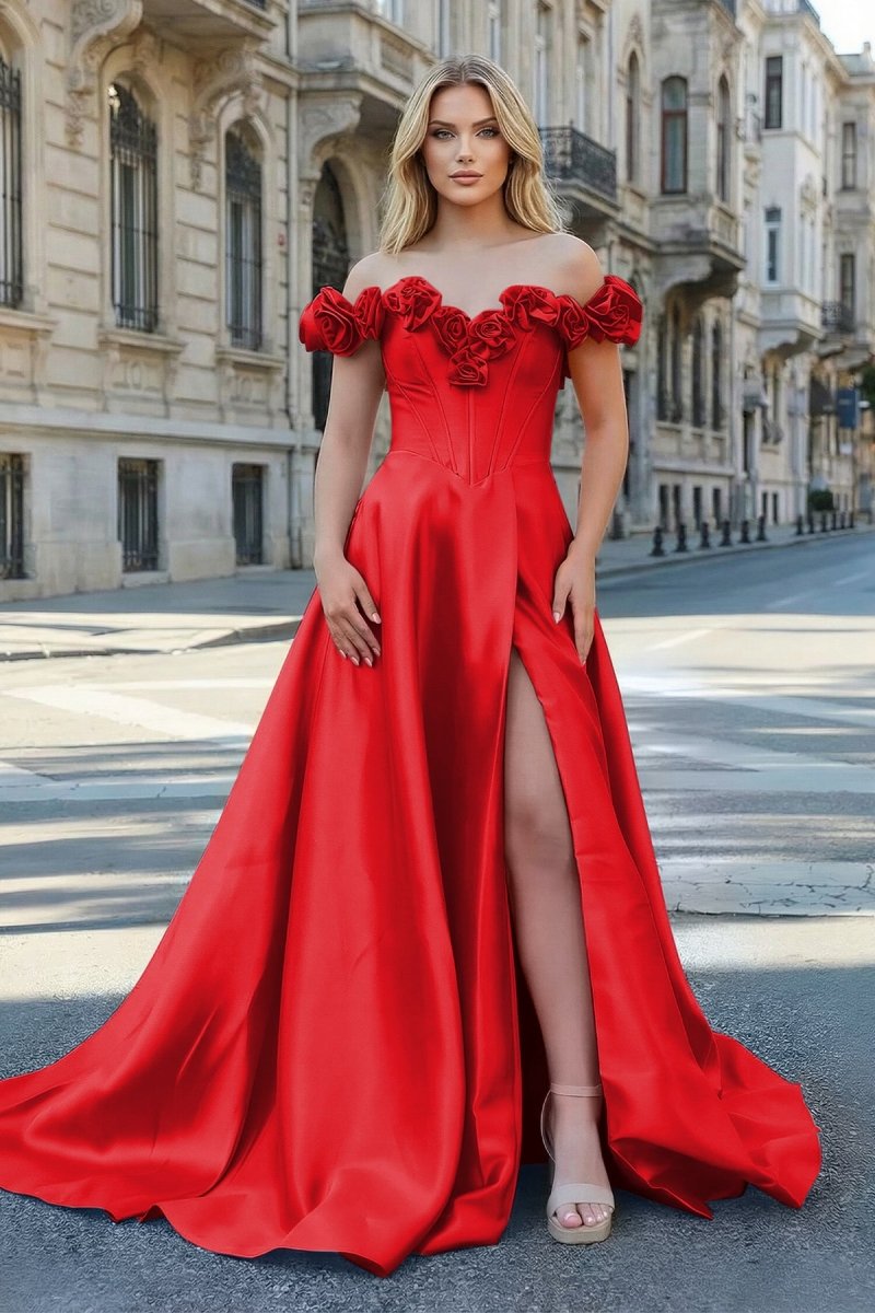 Fuchsia Off the Shoulder Corset Bodice A - Line Prom Dress - KissProm