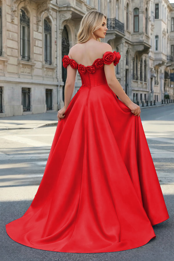 KissProm-Red Off the Shoulder Corset Bodice A-Line Prom Dress