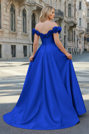 KissProm-Royal Blue Off the Shoulder Corset Bodice A-Line Prom Dress