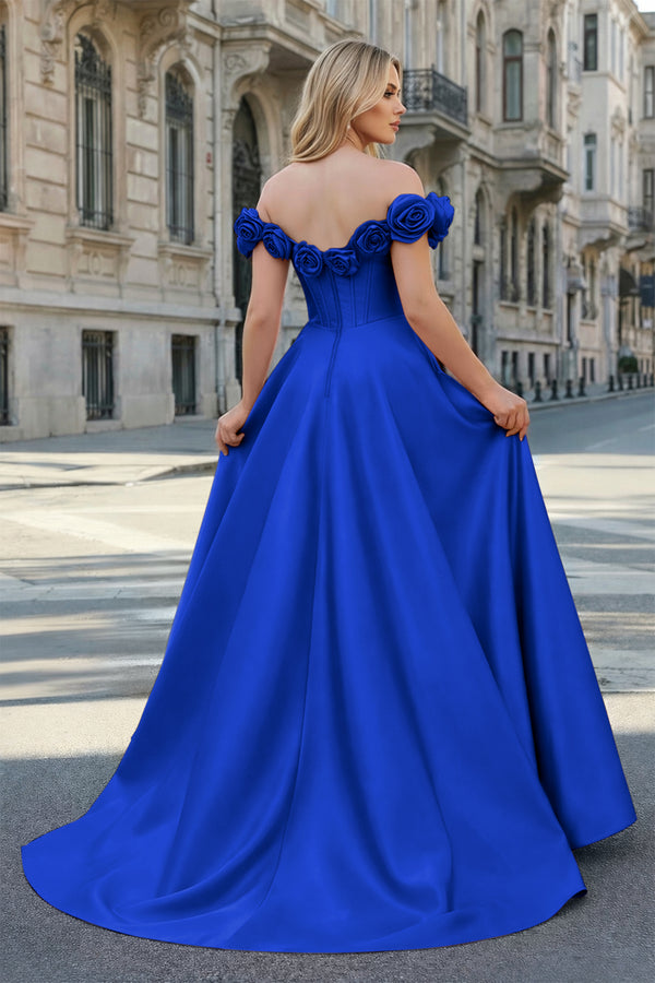 KissProm-Royal Blue Off the Shoulder Corset Bodice A-Line Prom Dress