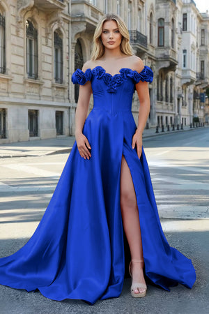 KissProm-Royal Blue Off the Shoulder Corset Bodice A-Line Prom Dress