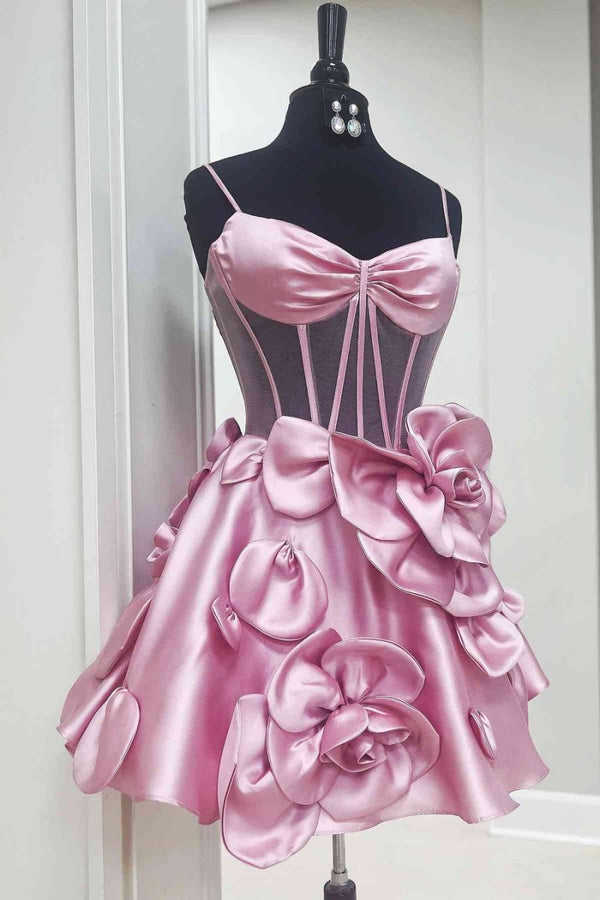 Bernie | Pink Spaghetti Straps A-Line Corset Short Homecoming Dress With 3D Flowers