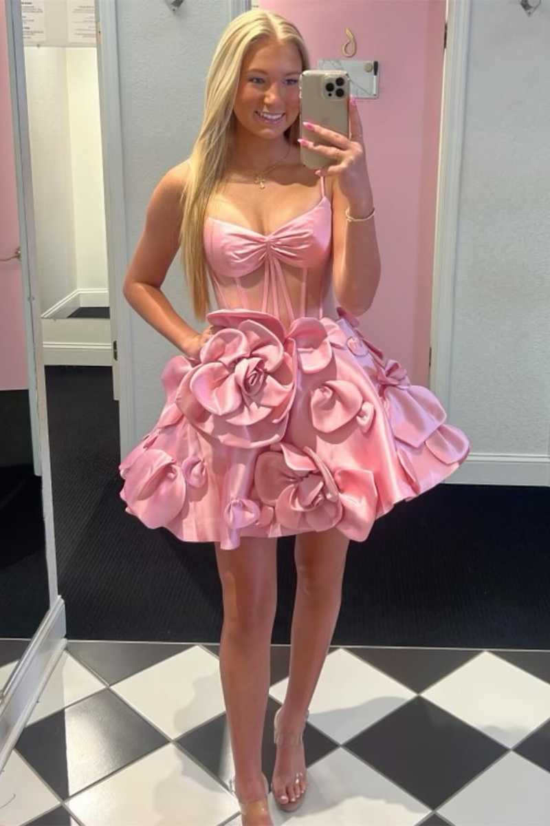 Bernie | Pink Spaghetti Straps A-Line Corset Short Homecoming Dress With 3D Flowers