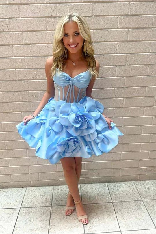 Bernie | Pink Spaghetti Straps A-Line Corset Short Homecoming Dress With 3D Flowers