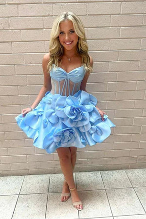 Bernie | Pink Spaghetti Straps A-Line Corset Short Homecoming Dress With 3D Flowers