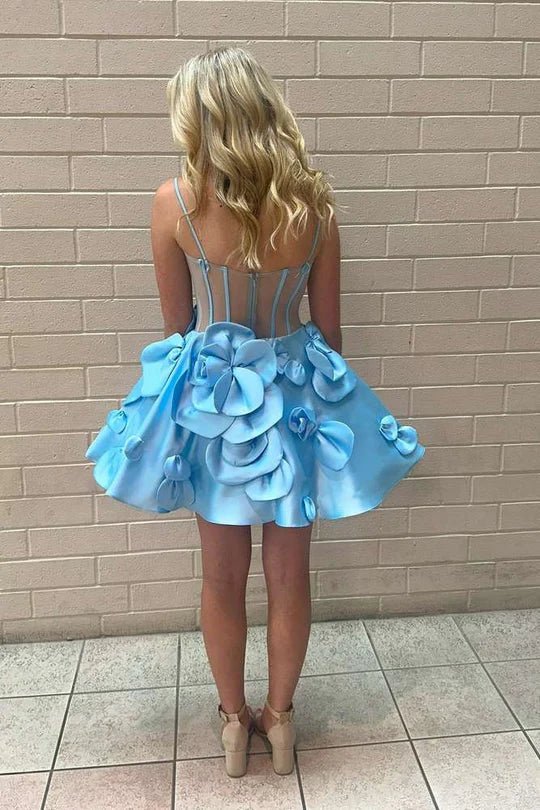 Bernie | Pink Spaghetti Straps A-Line Corset Short Homecoming Dress With 3D Flowers