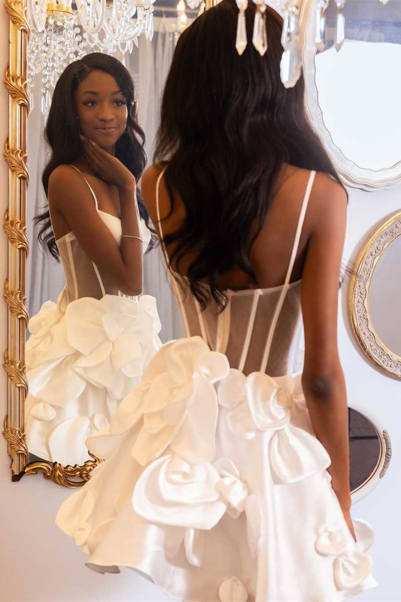 Bernie | Pink Spaghetti Straps A-Line Corset Short Homecoming Dress With 3D Flowers