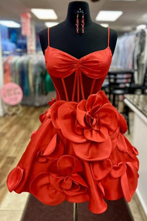 Bernie | Pink Spaghetti Straps A-Line Corset Short Homecoming Dress With 3D Flowers