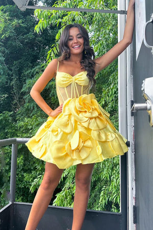 Bernie | Pink Spaghetti Straps A-Line Corset Short Homecoming Dress With 3D Flowers