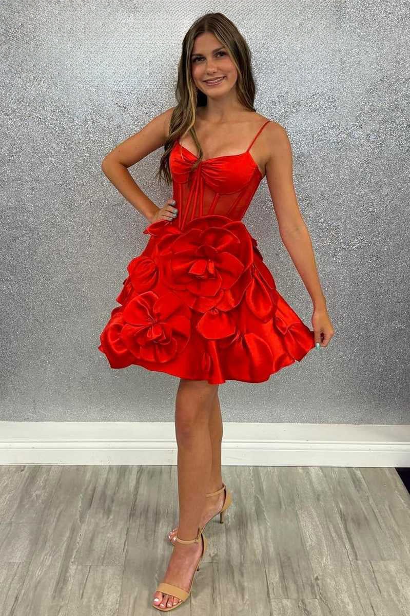 Bernie | Pink Spaghetti Straps A-Line Corset Short Homecoming Dress With 3D Flowers