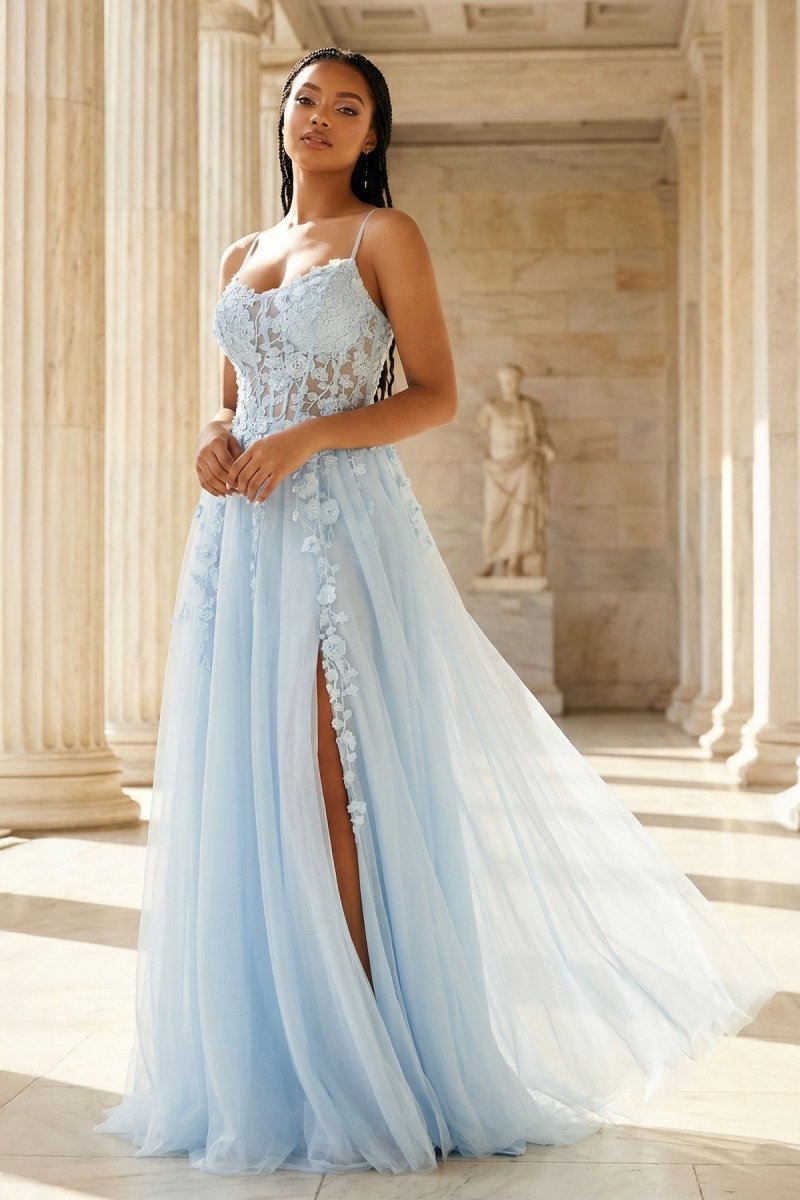 A - Line Tulle Blue Long Corset Spaghetti Straps Prom Dress with Appliques - KissProm