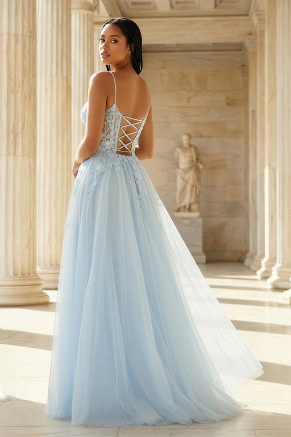 A - Line Tulle Blue Long Corset Spaghetti Straps Prom Dress with Appliques - KissProm