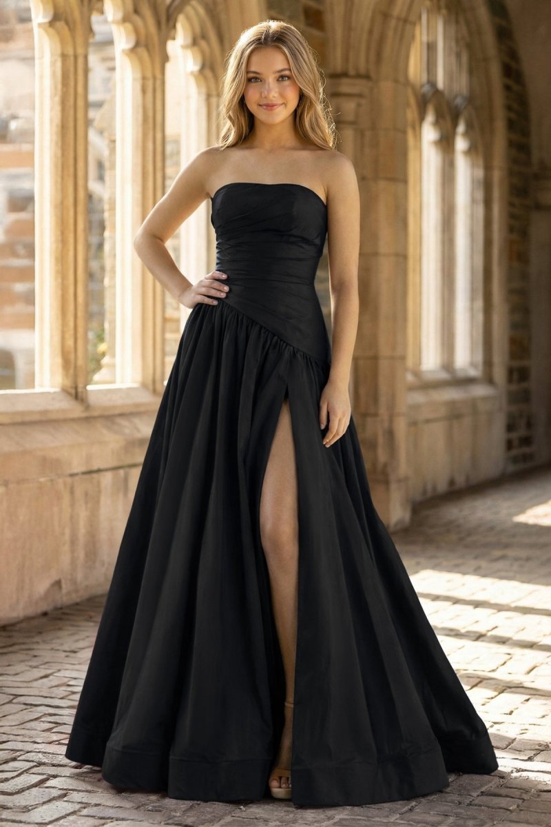 KissProm Fuchsia Strapless Taffeta A-line Long Formal Dress, Black / 4