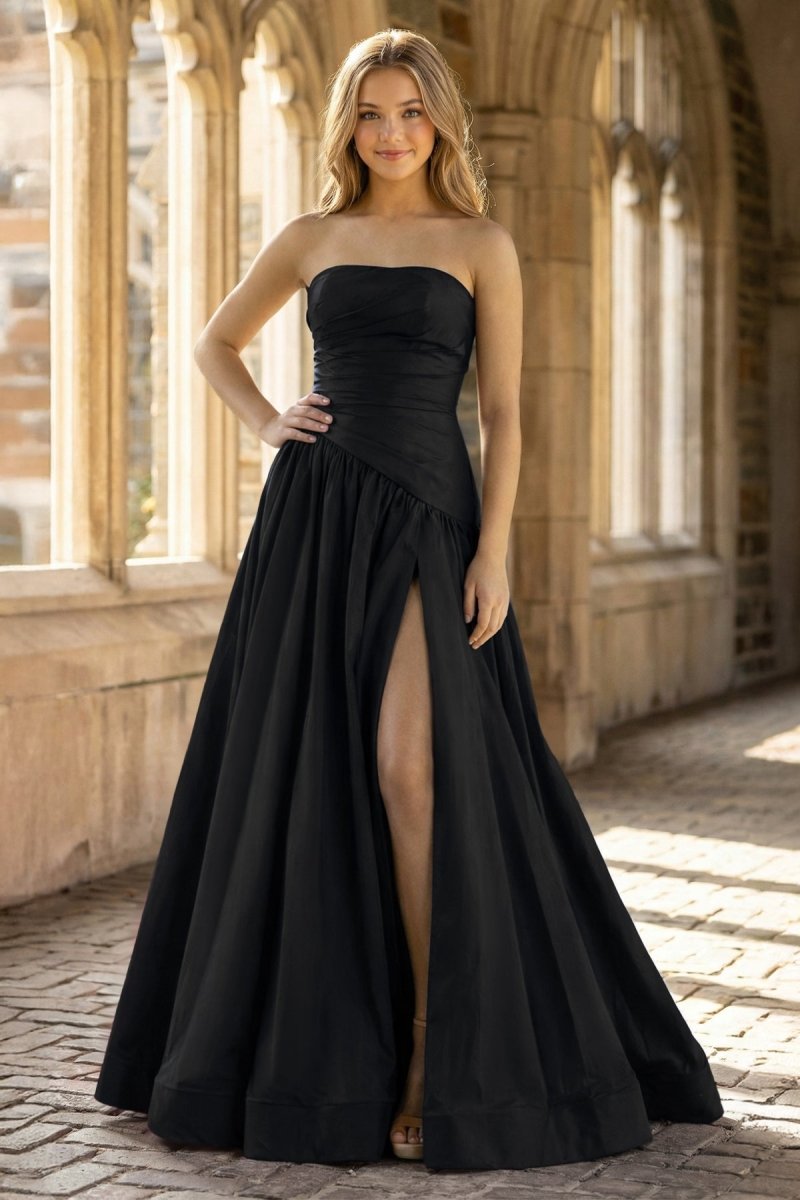knee length dresses for ladies Black Long Sleeve Taffeta Ballgown with 3D Rhinestone Flower
