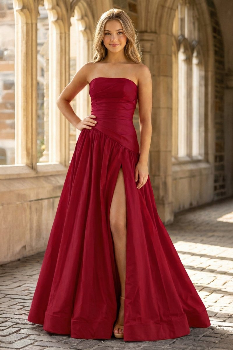 KissProm Fuchsia Strapless Taffeta A-line Long Formal Dress, Burgundy / 2