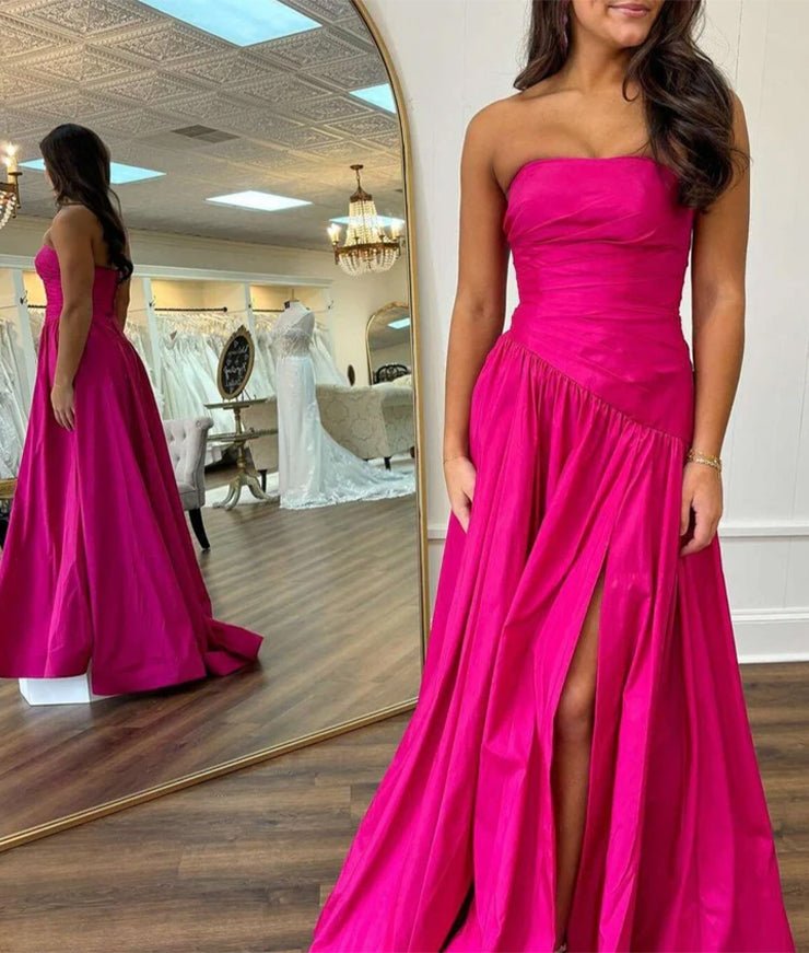 Beth | Fuchsia Strapless Taffeta A - line Long Formal Dress - KissProm
