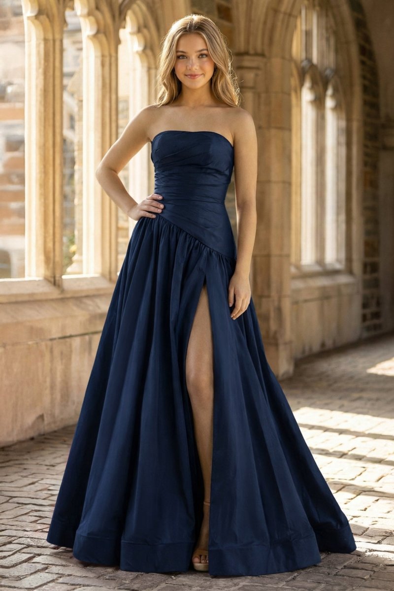 dark blue taffeta dress Strapless Ruched Taffeta Floor Length Dress – shopaleena main image 1