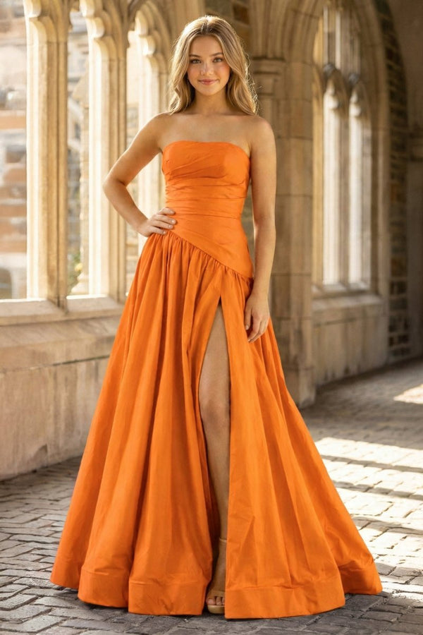 KissProm Fuchsia Strapless Taffeta A-line Long Formal Dress, Orange / 14