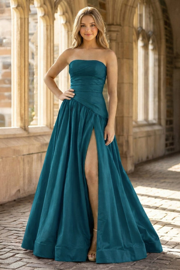 KissProm Fuchsia Strapless Taffeta A-line Long Formal Dress, Peacock / 12