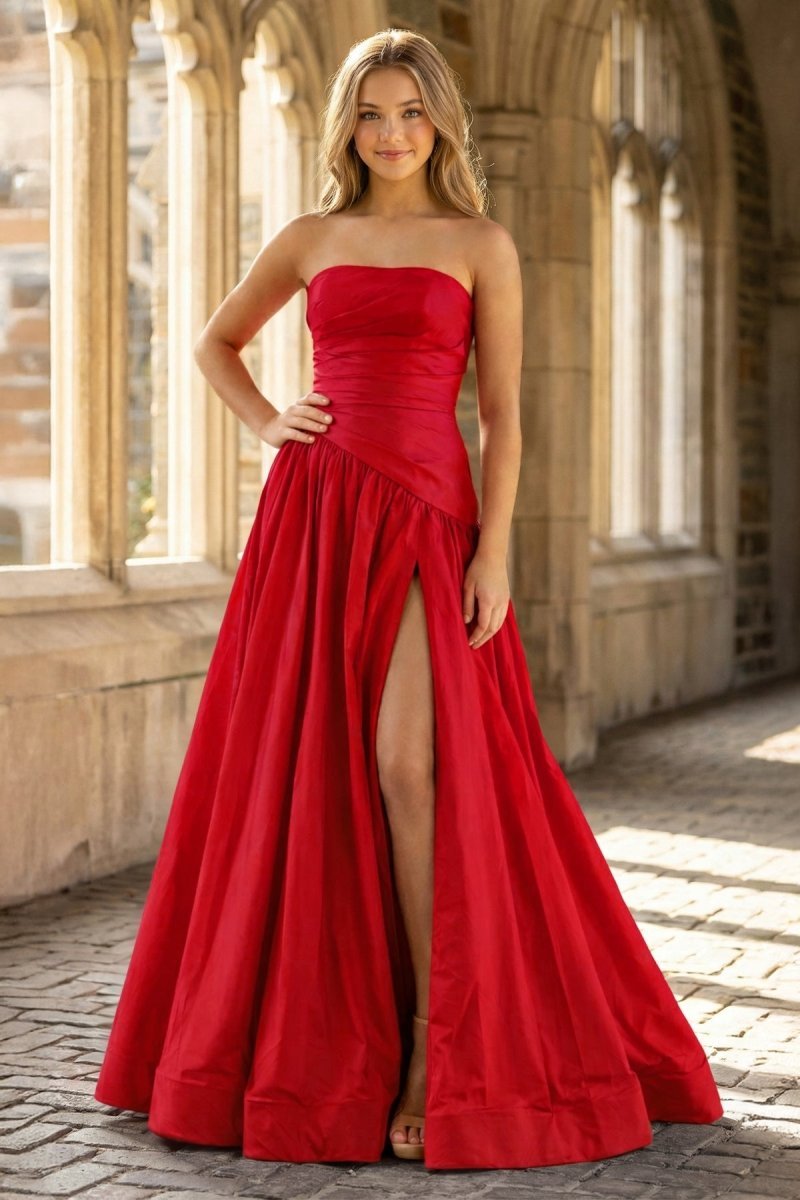 KissProm Fuchsia Strapless Taffeta A-line Long Formal Dress, Red / 00
